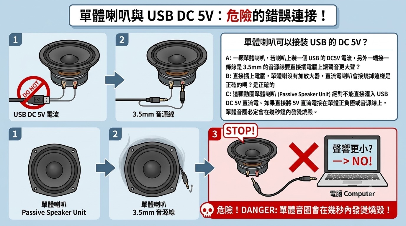 ​單體喇叭可以直接裝USB 的DC 5V?